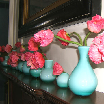 Italian pink Poppies in Robbin's Egg Blue bud vases...simple and stunning.